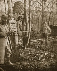 On the French Lorraine Front: A Poilus Camp Letter-box and buzzard mascots, illustration from 